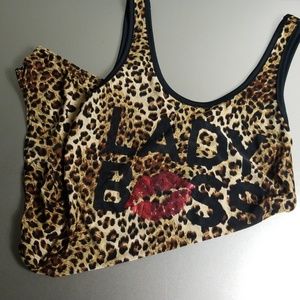 Lady Boss red lips leopard leotard w snap close